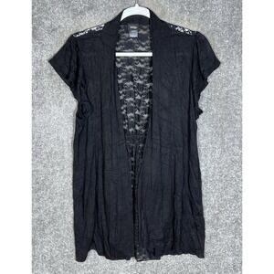 Vanity Sheer Floral Lace Open Front Top Womens Sz L Black Rayon Slub Whimsigoth